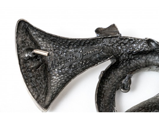 Margarita Barrera Festive Vintage Silver Tone French Horn Belt Buckle, 1994, With Belt