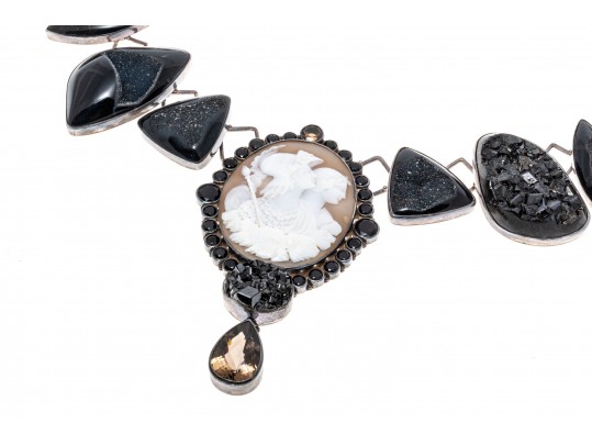 Margaret Thurman Magnificent Sterling, Cameo, Jet, Druzy And Smoky Quartz Necklace