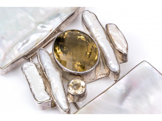 Starborn Sterling Silver Breathtaking Wide Mother-Of-Pearl And Citrine Panel Bracelet