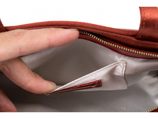 Vicini Impactful Dark Orange Satin Top Handle Bag And Matching Sandals, Size 40, Bird Motif Decorati