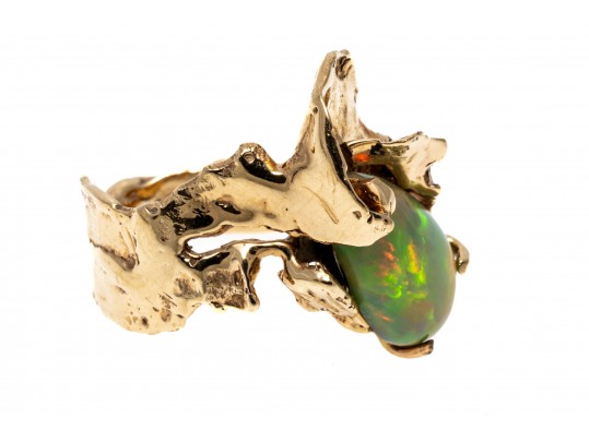 14kyg Striking Brutalist Handmade Ring With Green Opal Doublet Center, Size 6