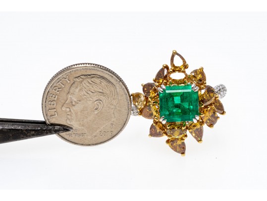 M. Christoff 18k Stunning Emerald, Yellow And White Diamond Cocktail Ring, Size 6.25+