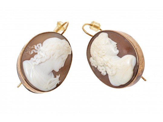 9k Gold Pretty Carved Cameo Drop Earrings With Simple Frames