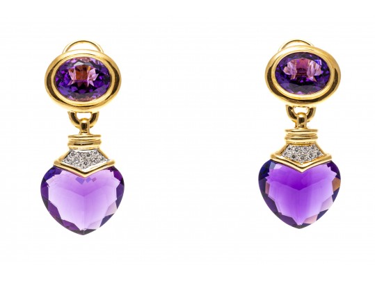 18k Yellow Gold Spectacular Chunky Amethyst Heart And Diamond Drop Earrings