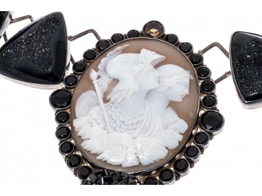 Margaret Thurman Magnificent Sterling, Cameo, Jet, Druzy And Smoky Quartz Necklace