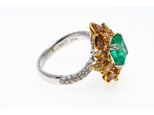 M. Christoff 18k Stunning Emerald, Yellow And White Diamond Cocktail Ring, Size 6.25+