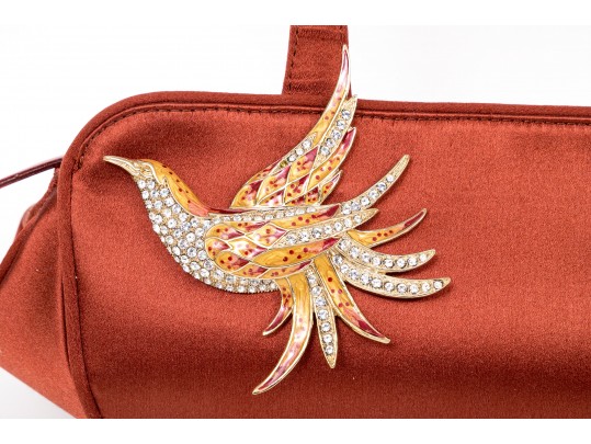 Vicini Impactful Dark Orange Satin Top Handle Bag And Matching Sandals, Size 40, Bird Motif Decorati