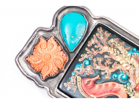 Amy Kahn Russell Sterling Silver Striking Sea Life Motif Brooch, With Coral And Turquoise