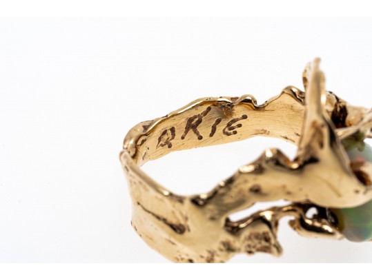 14kyg Striking Brutalist Handmade Ring With Green Opal Doublet Center, Size 6