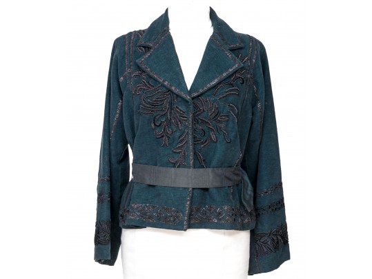Dries Van Noten Blue Belted Linen Cotton Embroidered Jacket, Size Medium