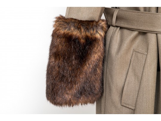 Ralph Lauren Purple Label Tan Wool Belted Faux Fur Trimmed Coat, Size 8