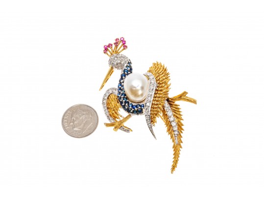 18k Yellow Gold Graceful Diamond Bird Brooch, App. 0.97 TCW