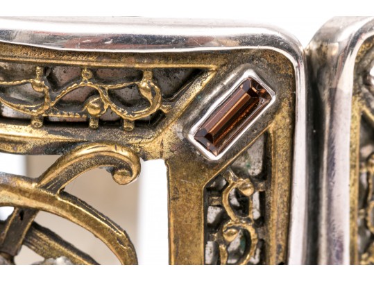 Margaret Thurman Sterling And Bronze Wide Lattice And White Topaz Cuff Bracelet