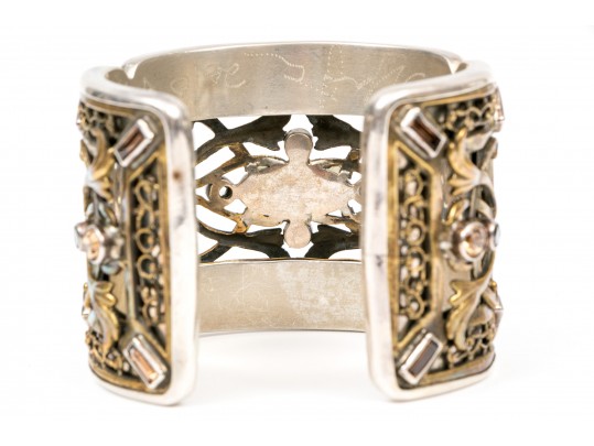 Margaret Thurman Sterling And Bronze Wide Lattice And White Topaz Cuff Bracelet