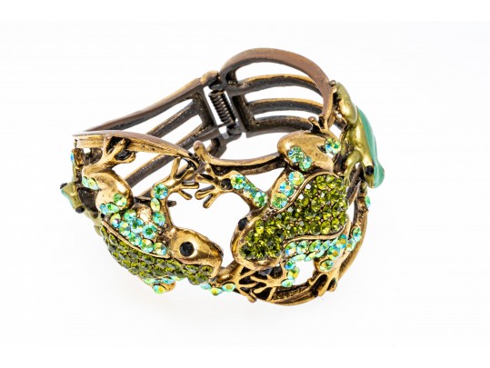 Fabulous Bedazzled Rhinestone Frog Motif Wide Hinged Cuff Bracelet