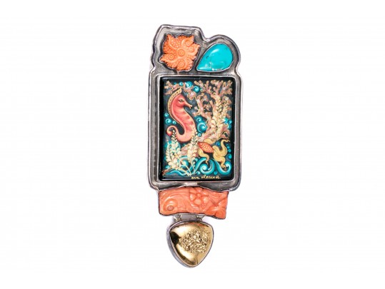 Amy Kahn Russell Sterling Silver Striking Sea Life Motif Brooch, With Coral And Turquoise