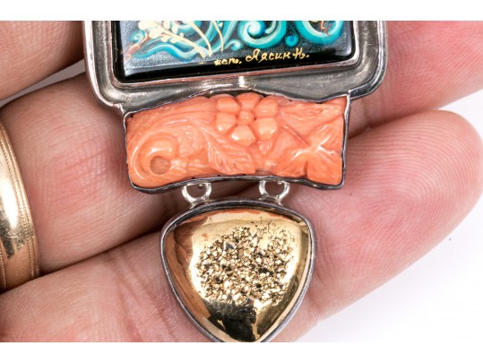 Amy Kahn Russell Sterling Silver Striking Sea Life Motif Brooch, With Coral And Turquoise