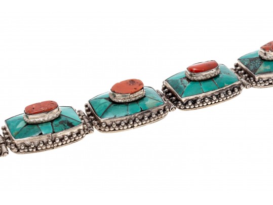 Sterling Silver Striking Southwestern Motif Turquoise And Coral Link Bracelet