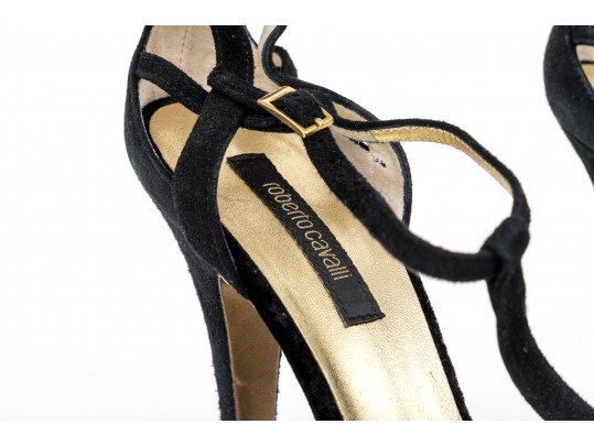 Roberto Cavalli Classic Black Suede Stilleto T-straps, Size 40