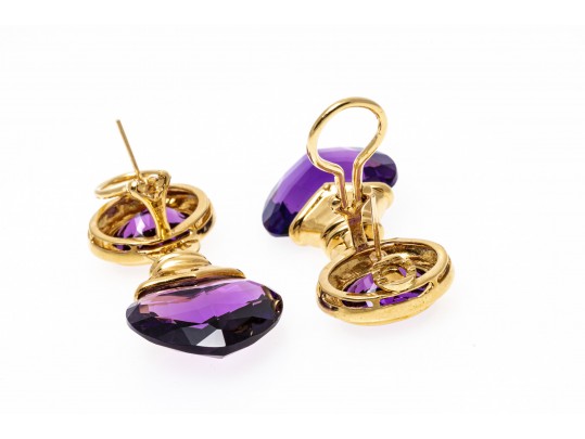18k Yellow Gold Spectacular Chunky Amethyst Heart And Diamond Drop Earrings