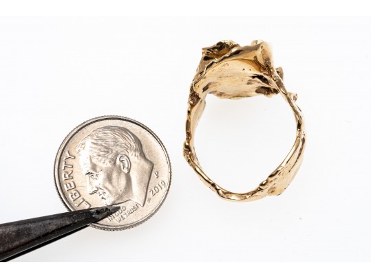 14kyg Striking Brutalist Handmade Ring With Green Opal Doublet Center, Size 6