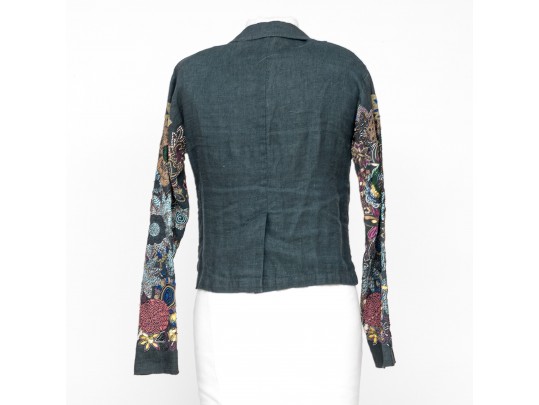 Dries Van Noten Blue Black Linen Embroidered Sleeve Jacket, Size 38