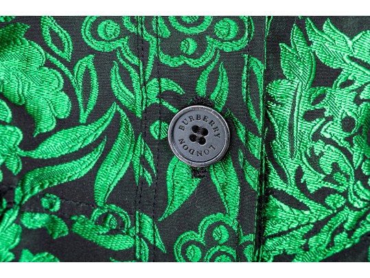 Burberry Luxurious Green Brocade Pattern Short Shacket, Size 4