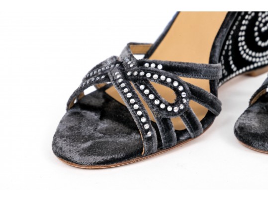 Valentino Garavini Extravagant, Dark Grey Strappy Wedge Sandals, Bejeweled, Size 40 1/2
