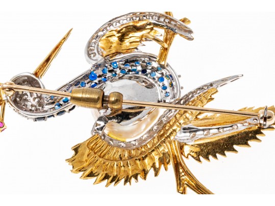 18k Yellow Gold Graceful Diamond Bird Brooch, App. 0.97 TCW