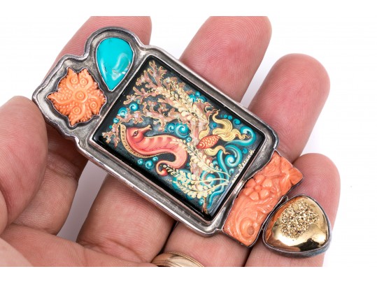 Amy Kahn Russell Sterling Silver Striking Sea Life Motif Brooch, With Coral And Turquoise