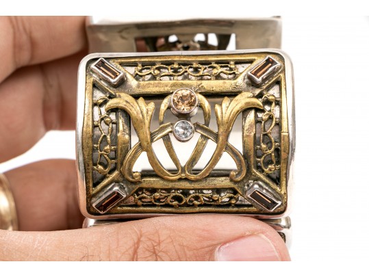 Margaret Thurman Sterling And Bronze Wide Lattice And White Topaz Cuff Bracelet