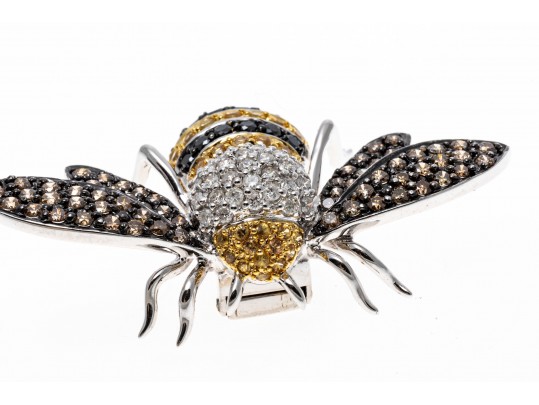 18k Striking Yellow Sapphire And White, Black And Cognac Diamond Bee Brooch