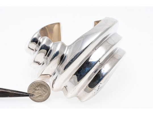 Sterling Silver Chic Wide Chevron Ribbed Cuff Bracelet, See Condition Notes