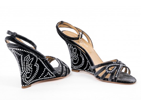 Valentino Garavini Extravagant, Dark Grey Strappy Wedge Sandals, Bejeweled, Size 40 1/2