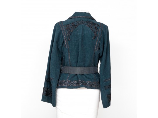 Dries Van Noten Blue Belted Linen Cotton Embroidered Jacket, Size Medium