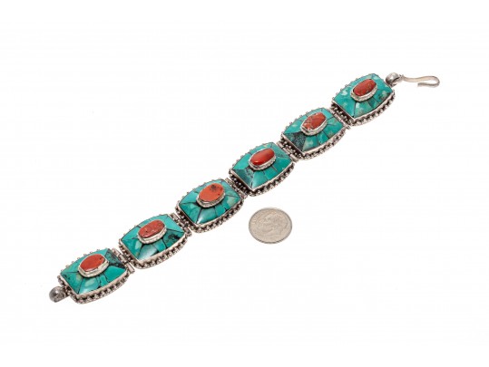 Sterling Silver Striking Southwestern Motif Turquoise And Coral Link Bracelet
