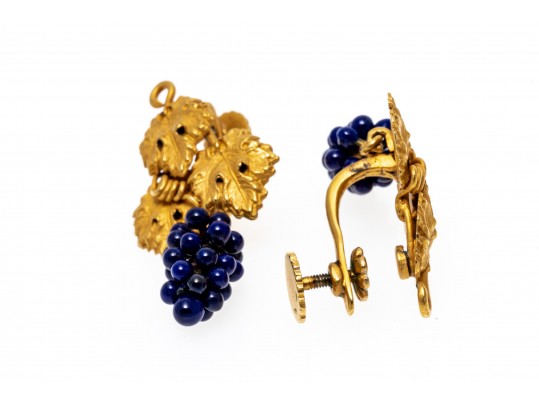 18k Yellow Gold Vintage Grape, Foliate And Cherub Motif Necklace, With Earrings