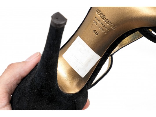 Roberto Cavalli Classic Black Suede Stilleto T-straps, Size 40