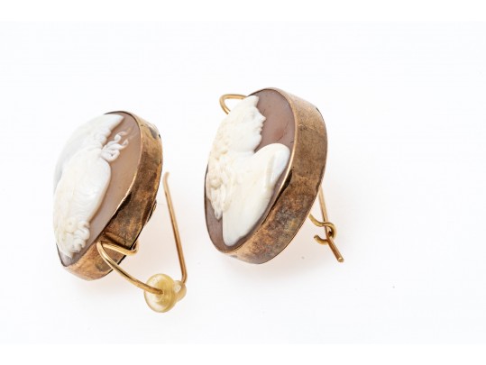 9k Gold Pretty Carved Cameo Drop Earrings With Simple Frames