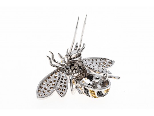 18k Striking Yellow Sapphire And White, Black And Cognac Diamond Bee Brooch