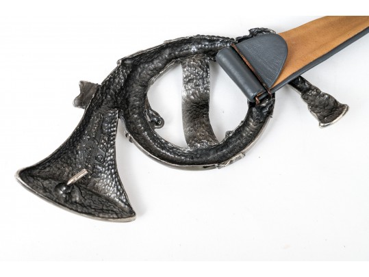 Margarita Barrera Festive Vintage Silver Tone French Horn Belt Buckle, 1994, With Belt