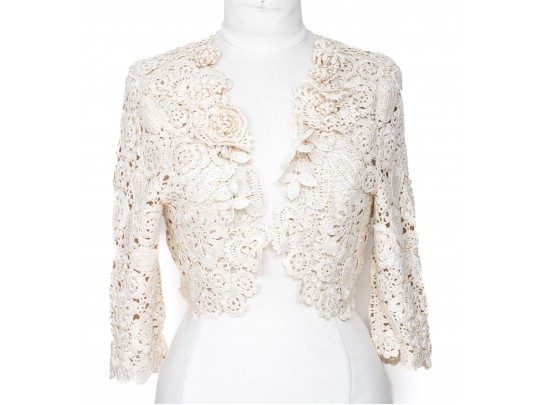 Oscar De La Renta Ivory Crochet Style Cardigan Sweater, Size Large