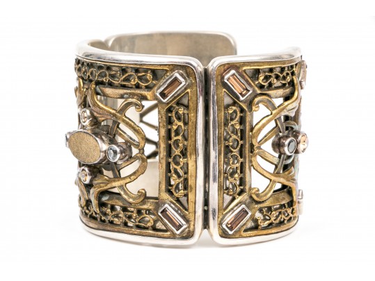 Margaret Thurman Sterling And Bronze Wide Lattice And White Topaz Cuff Bracelet