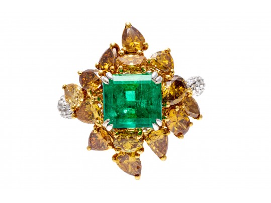 M. Christoff 18k Stunning Emerald, Yellow And White Diamond Cocktail Ring, Size 6.25+