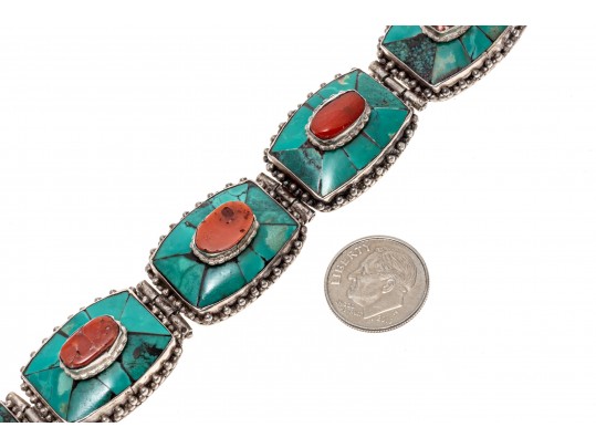 Sterling Silver Striking Southwestern Motif Turquoise And Coral Link Bracelet