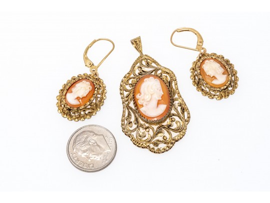 800 Silver Vermail Lovely Cameo Pendant And Matching 14k Wire Cameo Earrings 