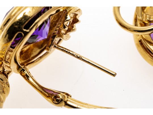 18k Yellow Gold Spectacular Chunky Amethyst Heart And Diamond Drop Earrings