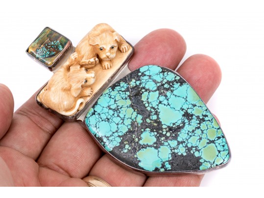 Amy Kahn Russell Sterling Silver Striking Turquoise And Iridescent Glass Brooch