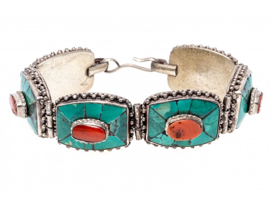 Sterling Silver Striking Southwestern Motif Turquoise And Coral Link Bracelet