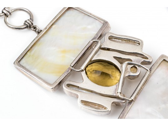 Starborn Sterling Silver Breathtaking Wide Mother-Of-Pearl And Citrine Panel Bracelet
